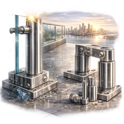 Glass railing supported by corrosion-resistant stainless steel hardware