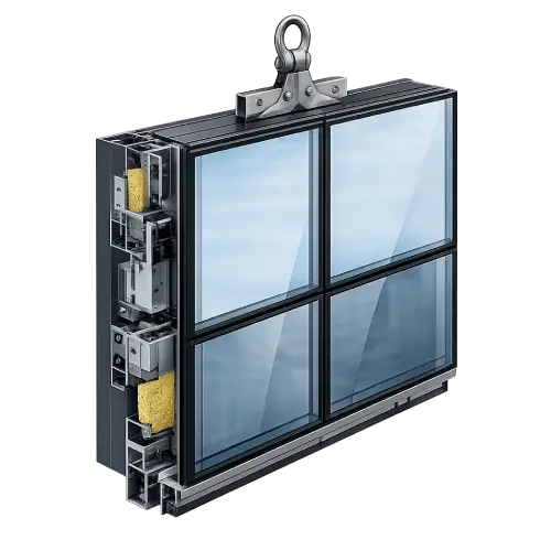 Factory-assembled unitized curtain wall facade panels with aluminium frames and glass glazing system