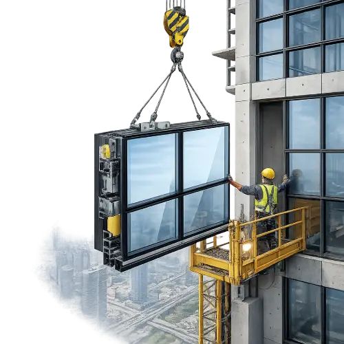 Unitized curtain wall glazing system installation on modern high-rise commercial building