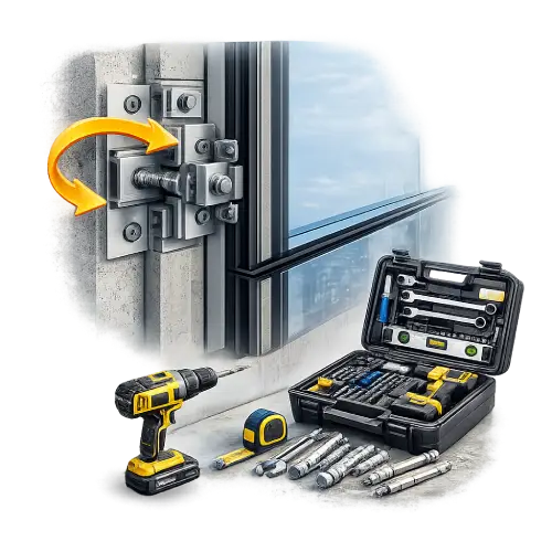 Flexible semi-unitized curtain wall facade installation system for modern commercial buildings