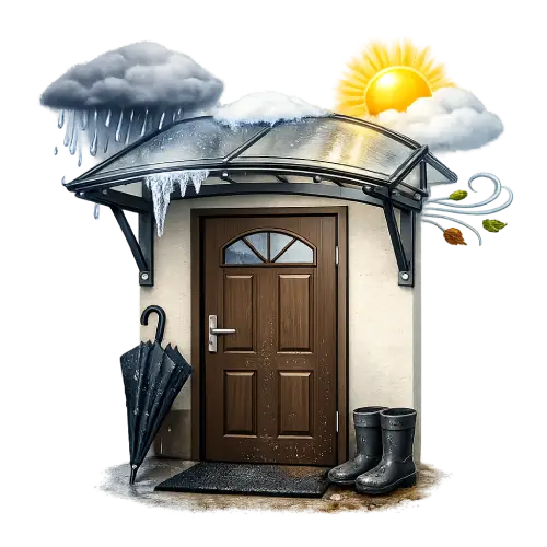 Glass canopy providing weather protection for building entrance