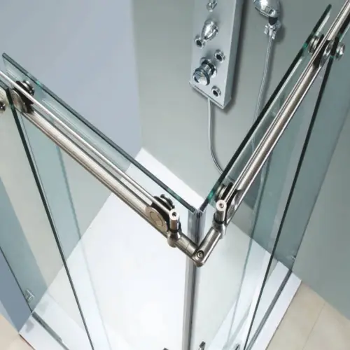 Glass shower enclosure hardware with stainless steel fittings for modern bathroom design