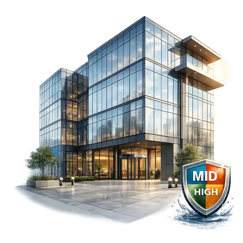 Modern architectural building exterior with aluminium and glass curtain wall facade system