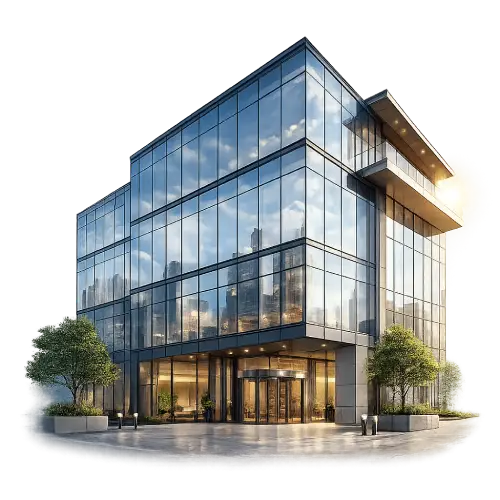 Modern architectural glass facade with aluminium unitized curtain wall glazing system