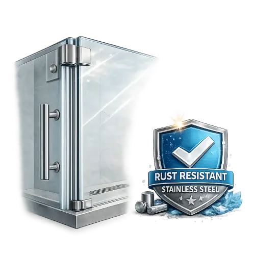 Rust-resistant stainless steel fittings for glass shower enclosure systems