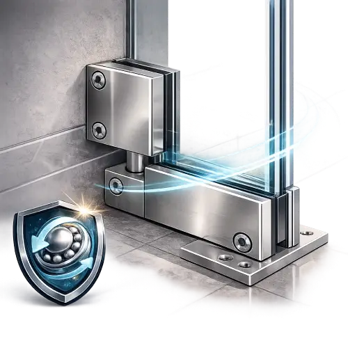 Glass door patch fitting with smooth pivot door operation