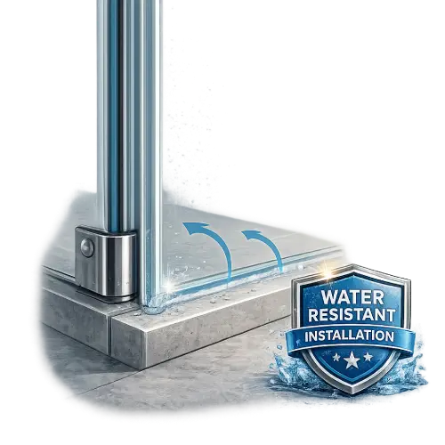 Water-resistant glass shower enclosure installation for bathrooms
