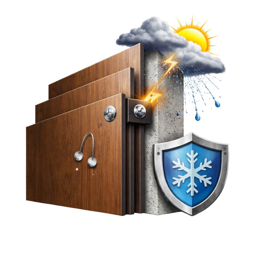 Weather-resistant HPL laminate material used in exterior facade cladding systems