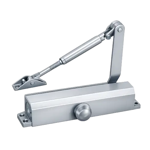 Automatic door closer mechanism with hydraulic arm for smooth and controlled door closing in modern buildings