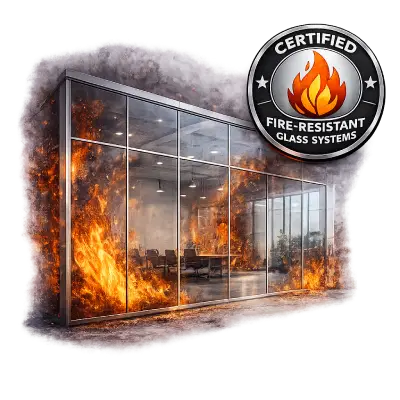 Fire rated glazed partition with certified fire-resistant glass