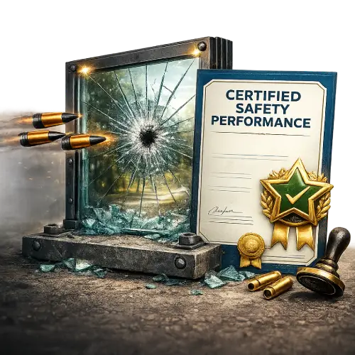 Certified bullet proof glass system for safety performance