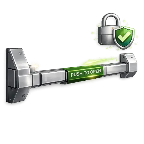 Electronic panic bar integrated with building security access control system.