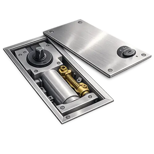 Architectural concealed floor spring door closer for seamless interior design.