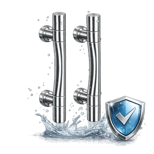 Weather-resistant and anti-corrosive stainless steel hardware for exterior door durability.