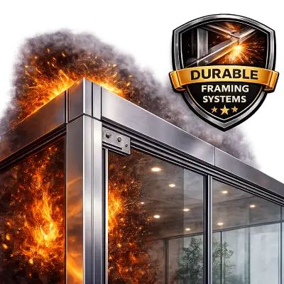 Fire rated glazed partition with durable framing system
