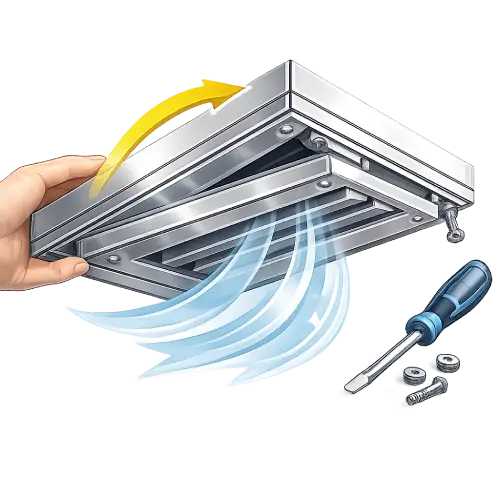 Easy-access clip-in linear ceiling panels for quick maintenance of overhead electrical and plumbing services.
