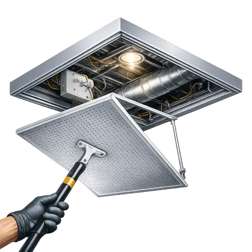 Metal cell ceiling with easy access for maintenance areas