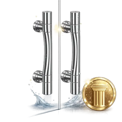 Minimalist luxury door handle enhancing the aesthetic of a high-end building entrance.
