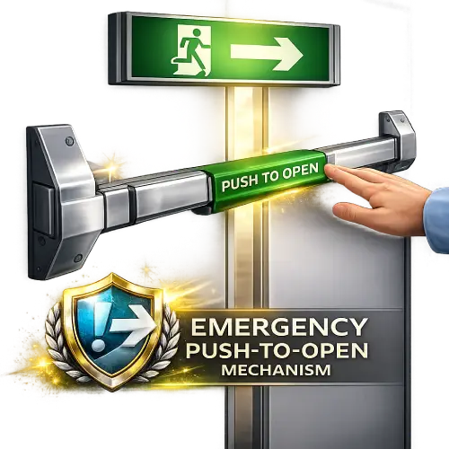Commercial emergency push-to-open panic bar mechanism for fire exit doors.