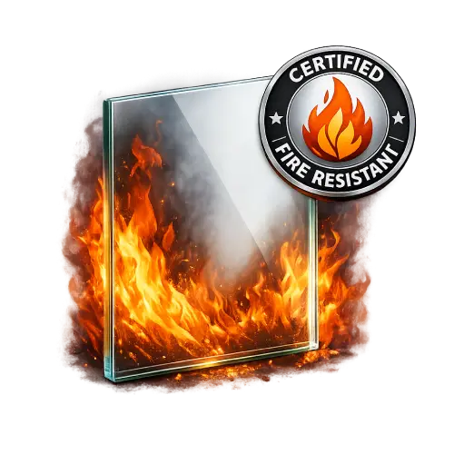 Fire rated glazed door with certified fire-resistant glass