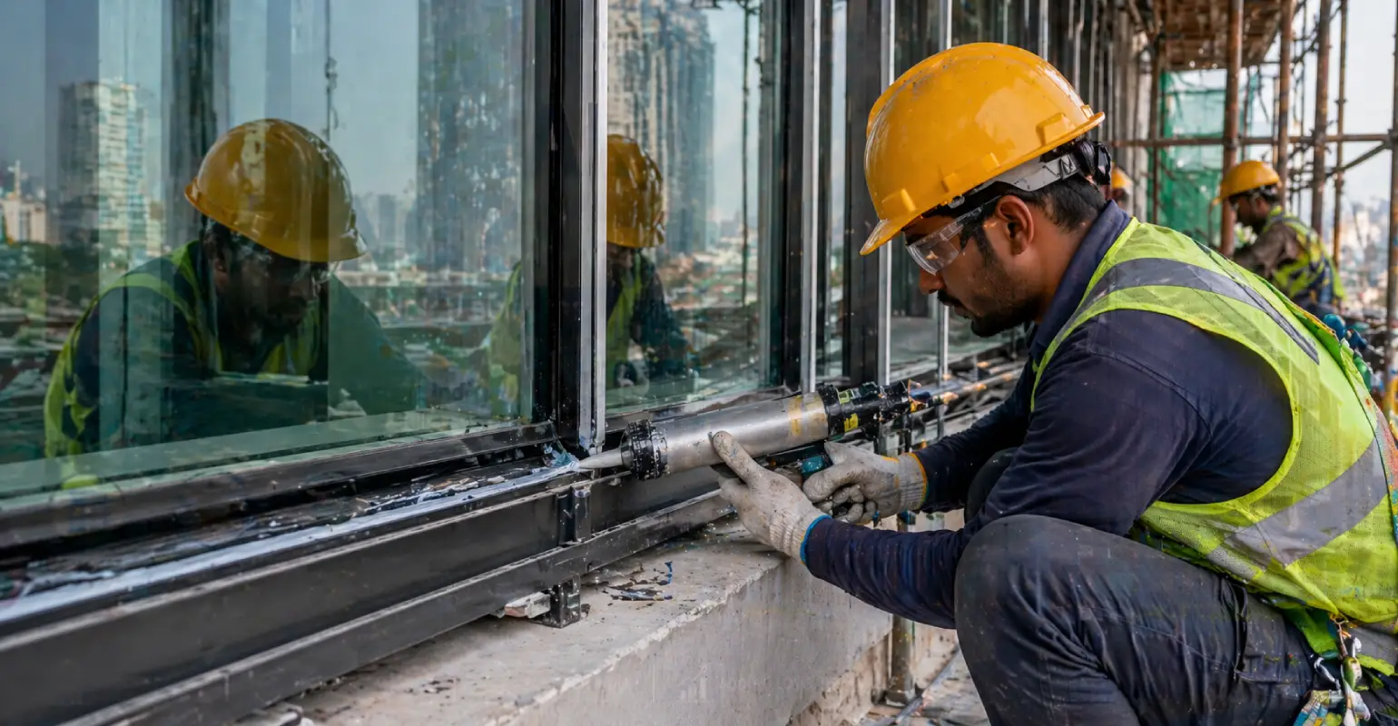 Structural glazing system India installation workers fixing glass panels using silicone sealant with aluminum framework on construction site