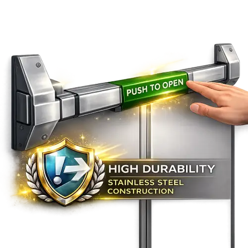 Close-up of high-durability grade 304 stainless steel door hardware for rust resistance.