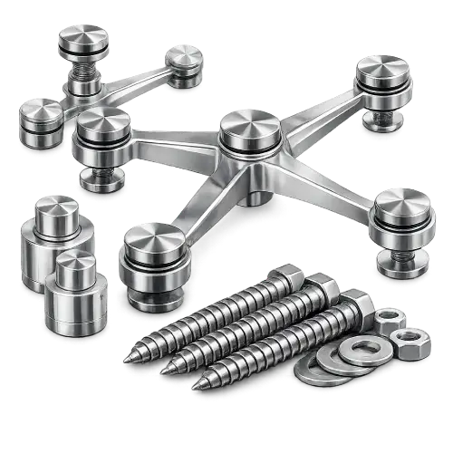 Heavy-duty four-arm stainless steel spider fitting for structural glass walls.