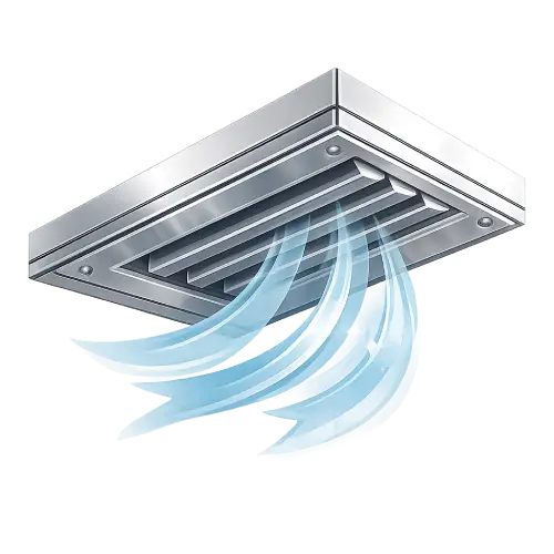 Open-slot linear metal ceiling system designed for integrated HVAC airflow and ventilation.