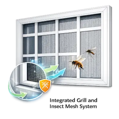 UPVC window with integrated grill and insect mesh system