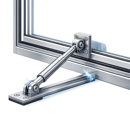 Heavy-duty aluminum pivot window frame supporting large-format tempered glass panels.