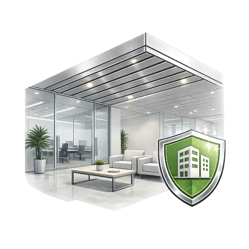 Fire-rated linear metal ceiling installation in a modern commercial airport terminal or lobby.