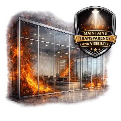 Fire rated glass partition maintaining transparency and visibility