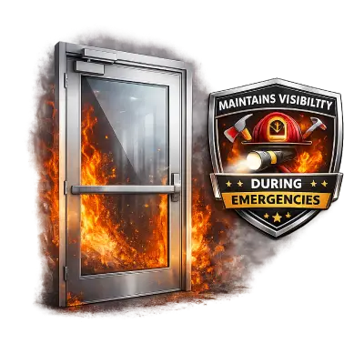 Fire rated glazed door maintaining visibility in emergencies
