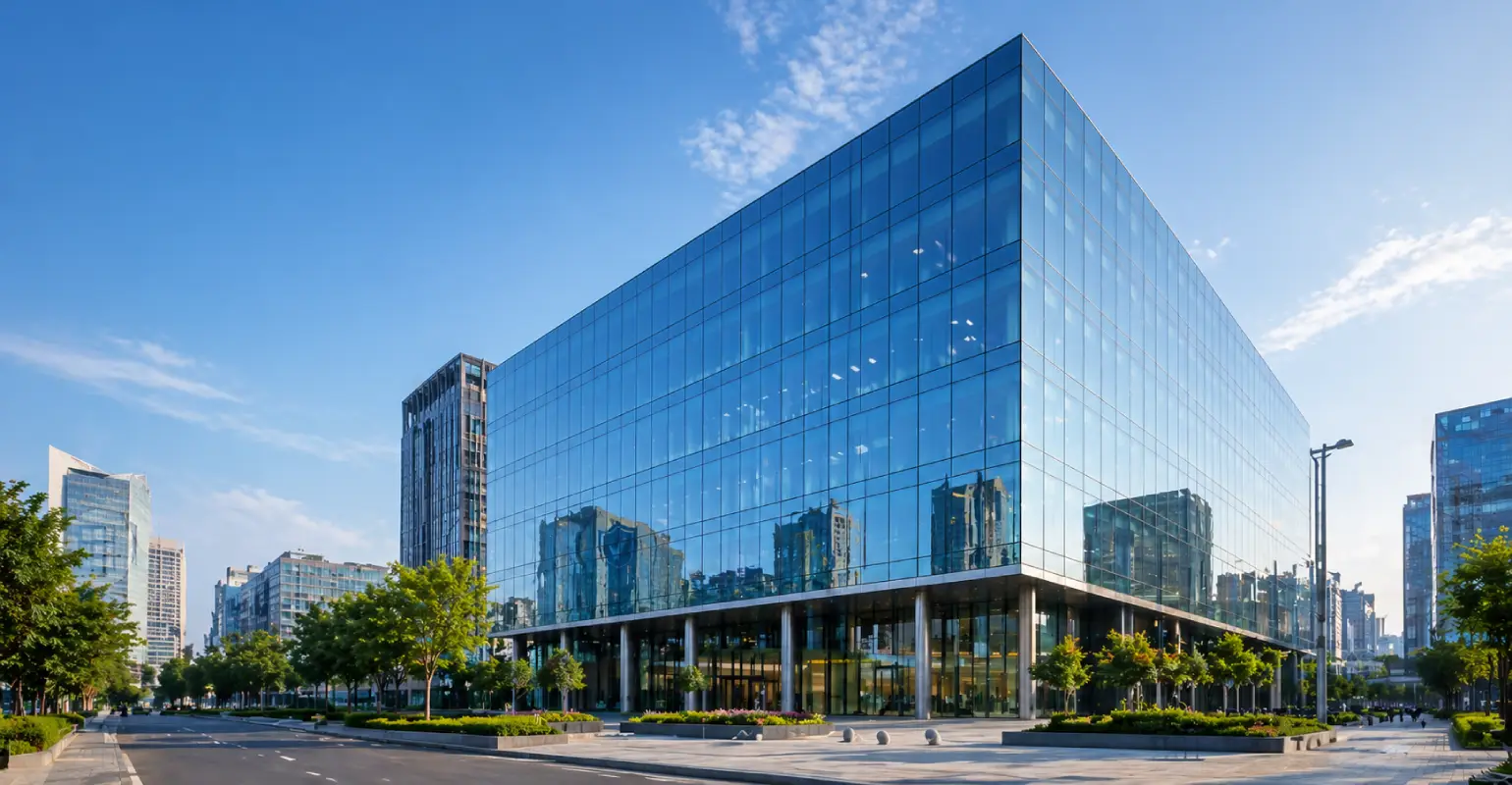 Structural glazing system India modern commercial building with seamless glass facade and reflective panels in urban business area
