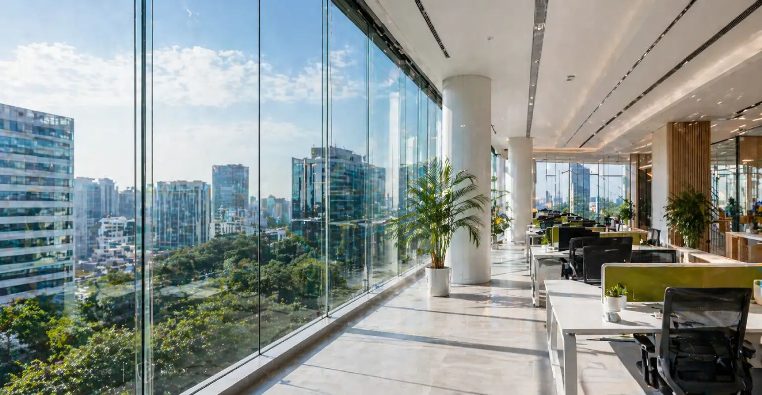 Structural glazing system India office interior with glass walls natural daylight energy efficient modern workspace design