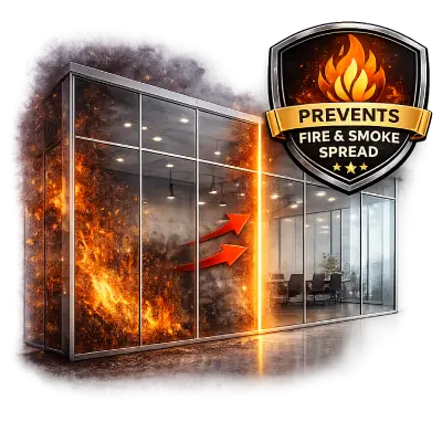 Fire rated glazed partition preventing fire and smoke spread