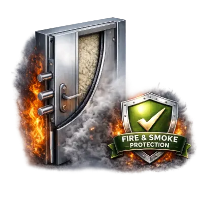 Fire rated metal door preventing fire and smoke spread