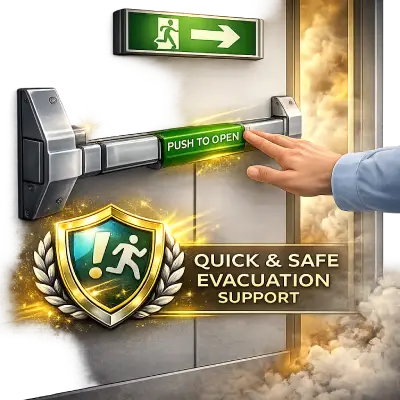 Safety-compliant emergency exit bar designed for rapid building evacuation during fire drills.