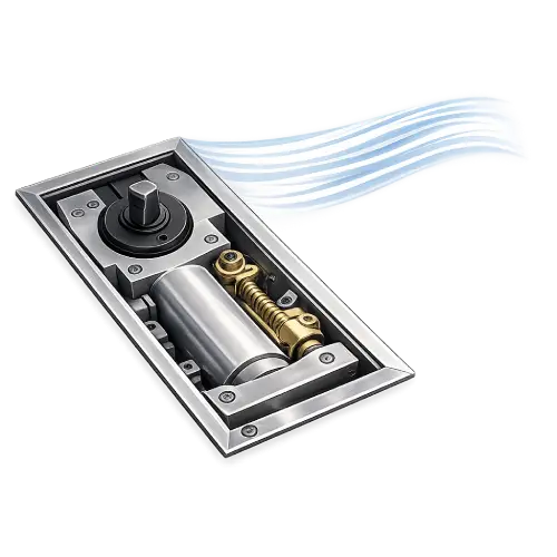 Hydraulic floor closer providing smooth controlled opening and closing for glass entryways.