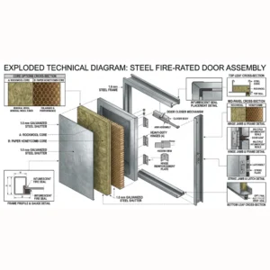Steel fire-rated door with cut section showing thickness, galvanized shutter, insulation core, fire seals and complete door system