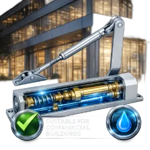 Commercial-grade door closer suitable for offices, malls, hospitals, and high-traffic buildings