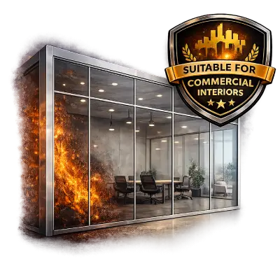 Fire rated glazed partitions for commercial interior spaces