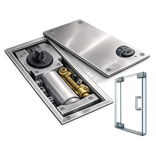 Floor-mounted door pivot hinge installed on a modern frameless glass office door.