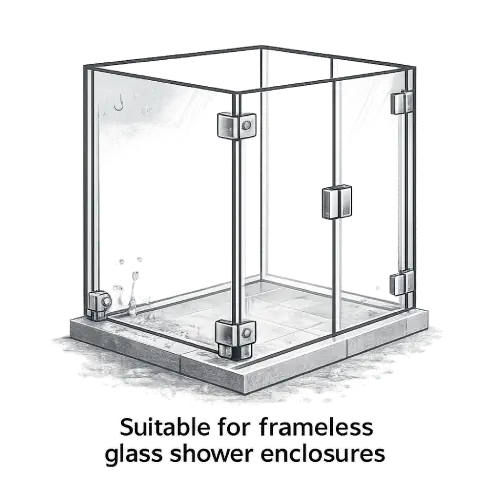 Minimalist hardware set for frameless glass shower enclosures and luxury walk-in showers.