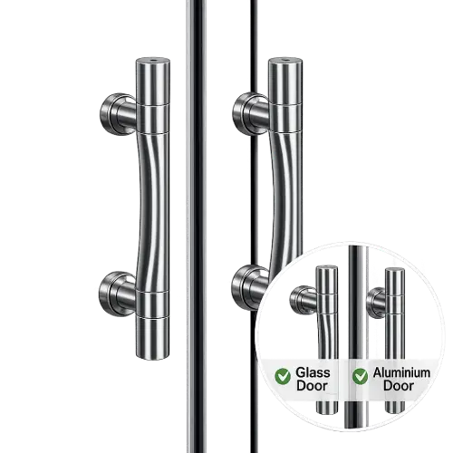 Versatile back-to-back door handle installation on glass and aluminum storefront doors.