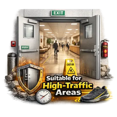 Metal door suitable for high-traffic commercial areas