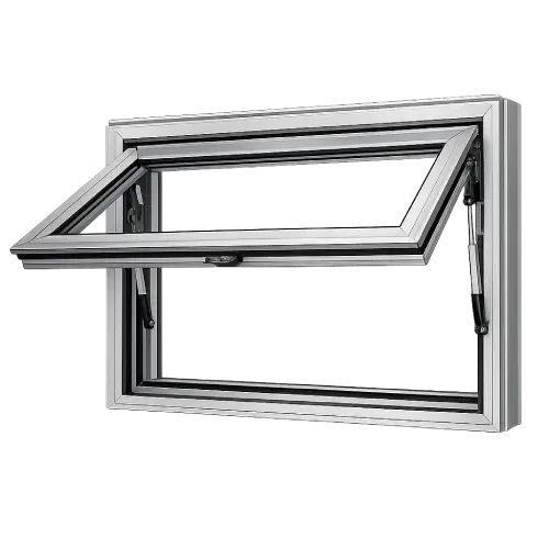 Top-hinged aluminum awning window designed for ventilation even during light rain.