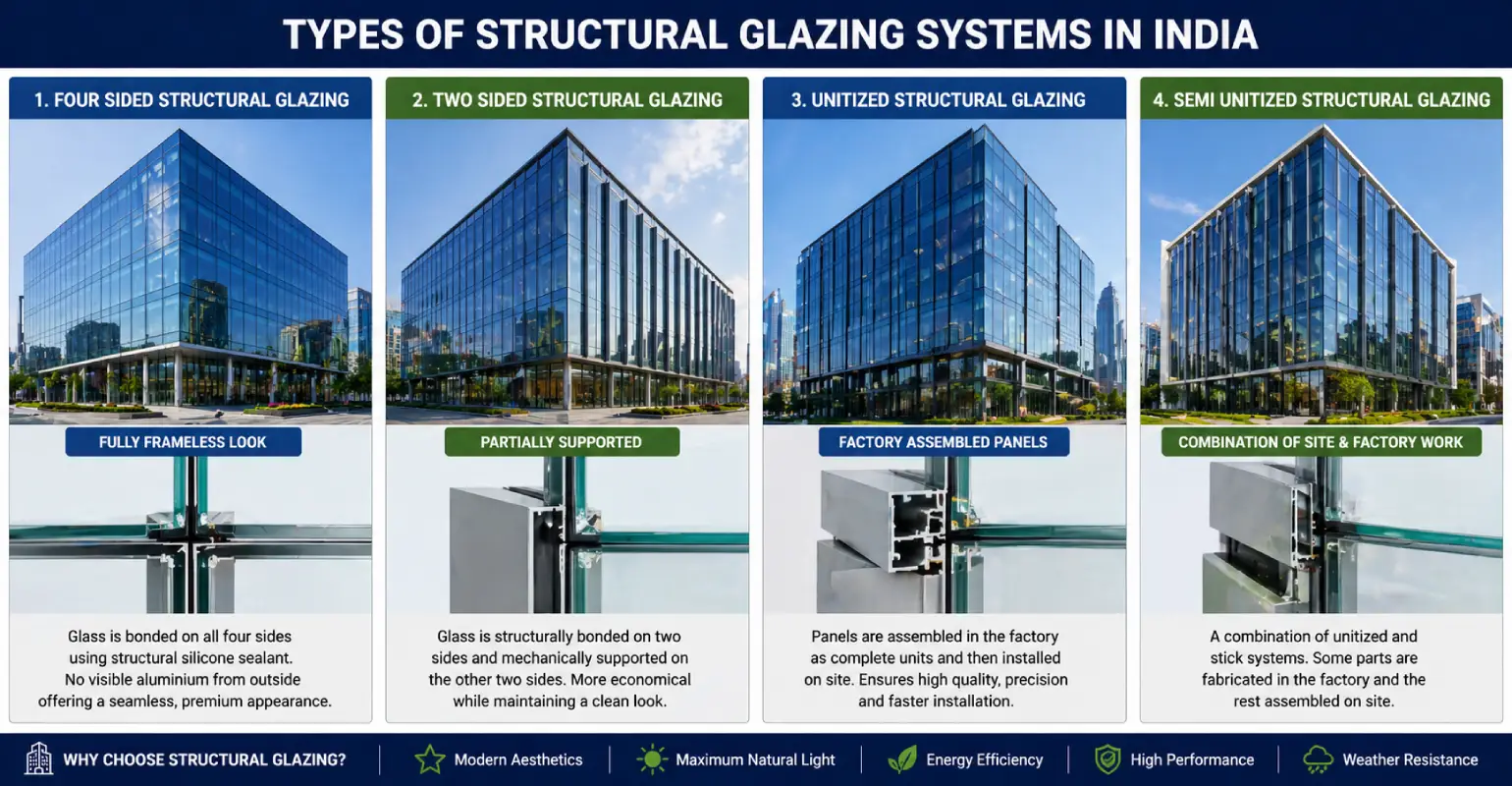 Structural glazing system India types including four sided two sided unitized and semi unitized glazing systems comparison facade design