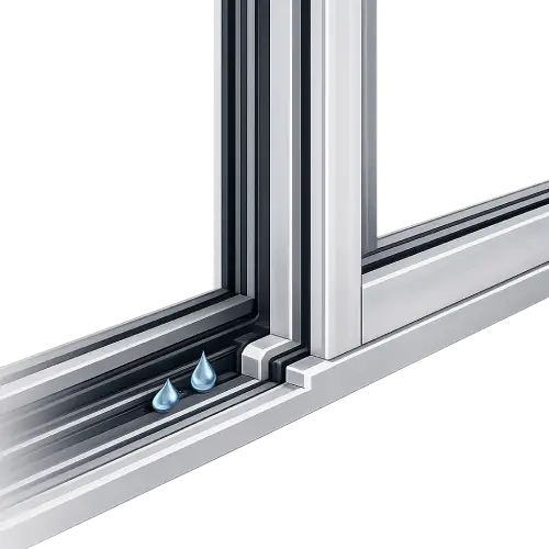 Dual-action weather stripping for air-tight and water-tight sealing on aluminum pivot windows.