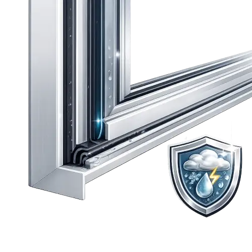 Double-glazed sliding window with weather-stripping for superior thermal insulation and water tightness.